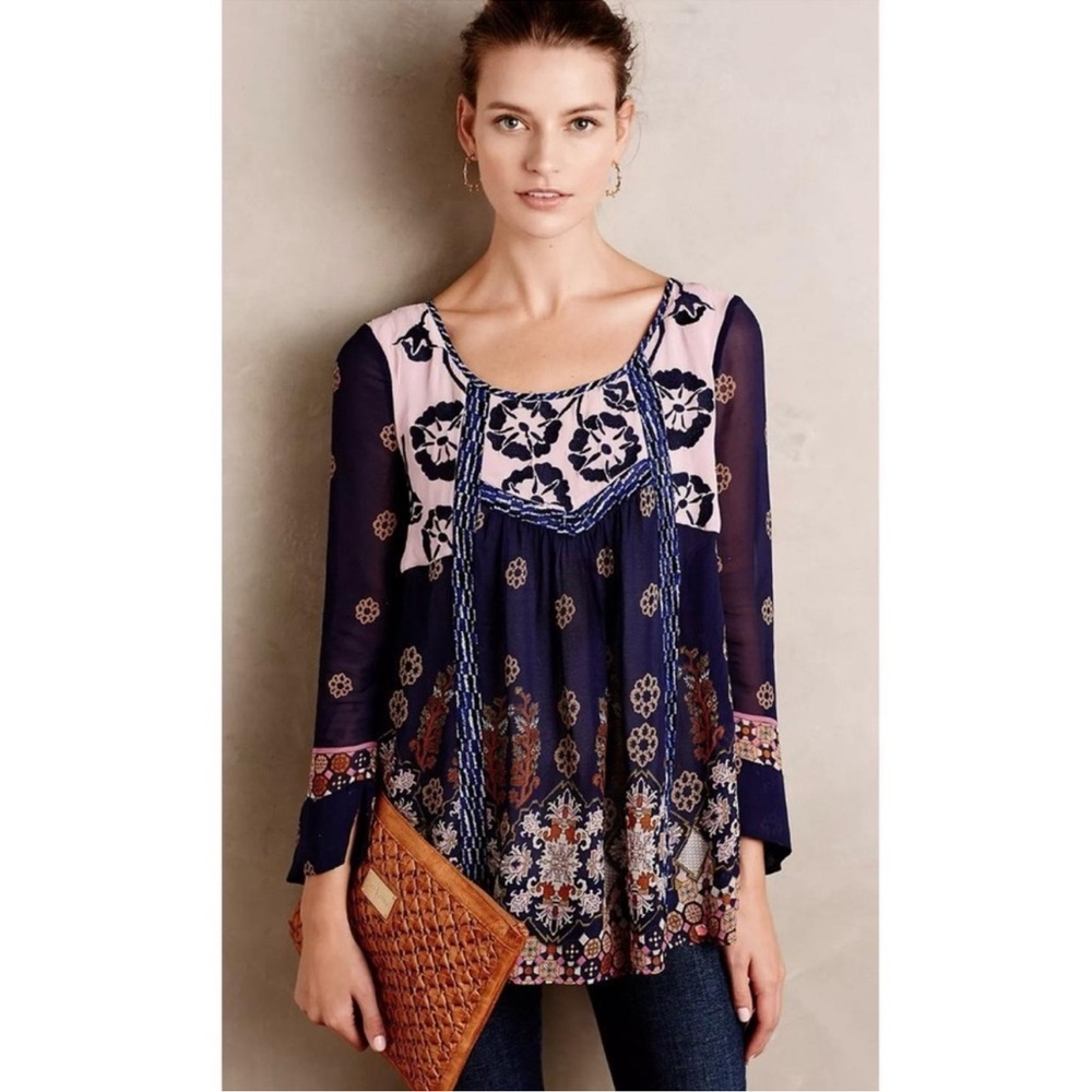 Floreat Anthropologie Elegant Navy and Pink Embroidered Women's Top